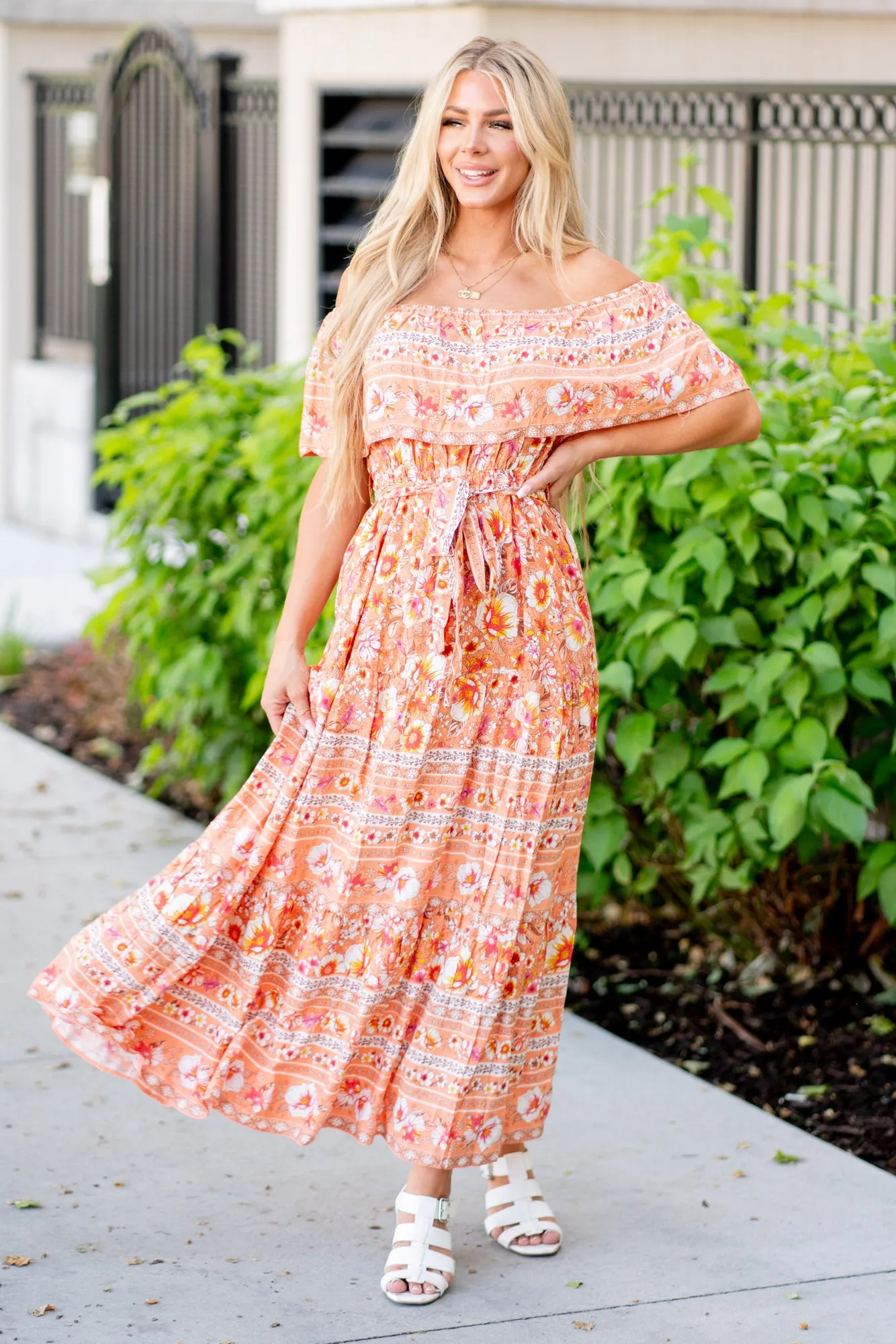 Floral Off-Shoulder Tie Front Maxi Dress