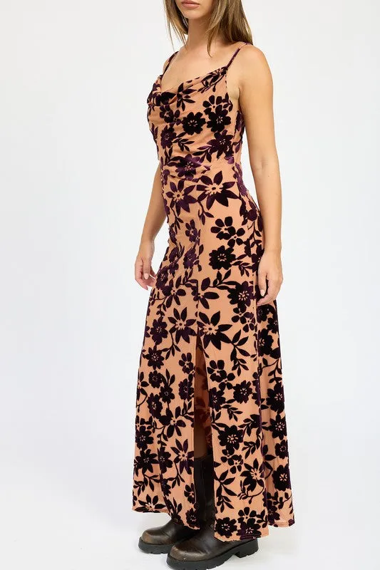 FLORAL PRINT COWL NECK MAXI DRESS