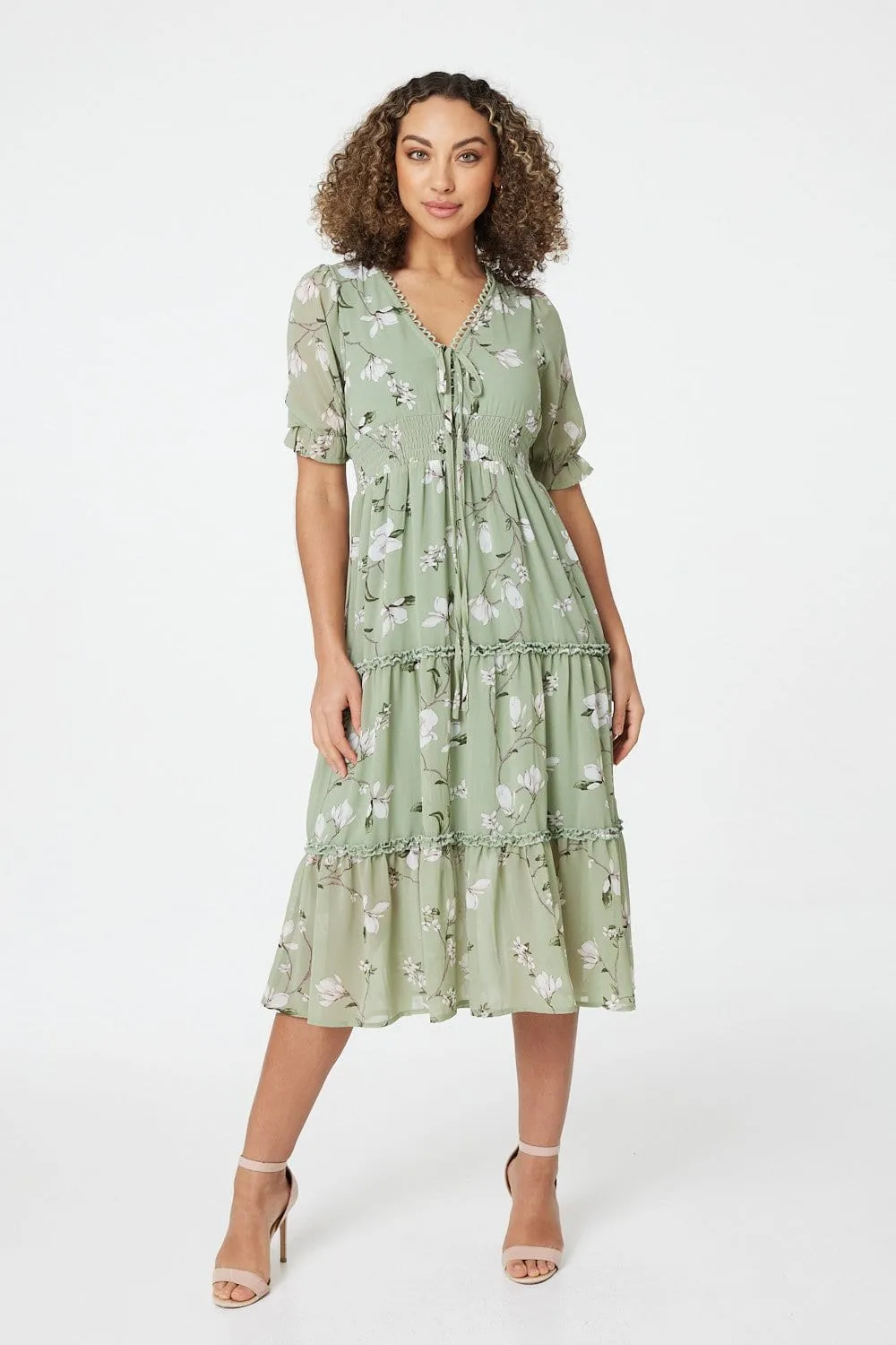 Floral Tie Front Midi Tea Dress