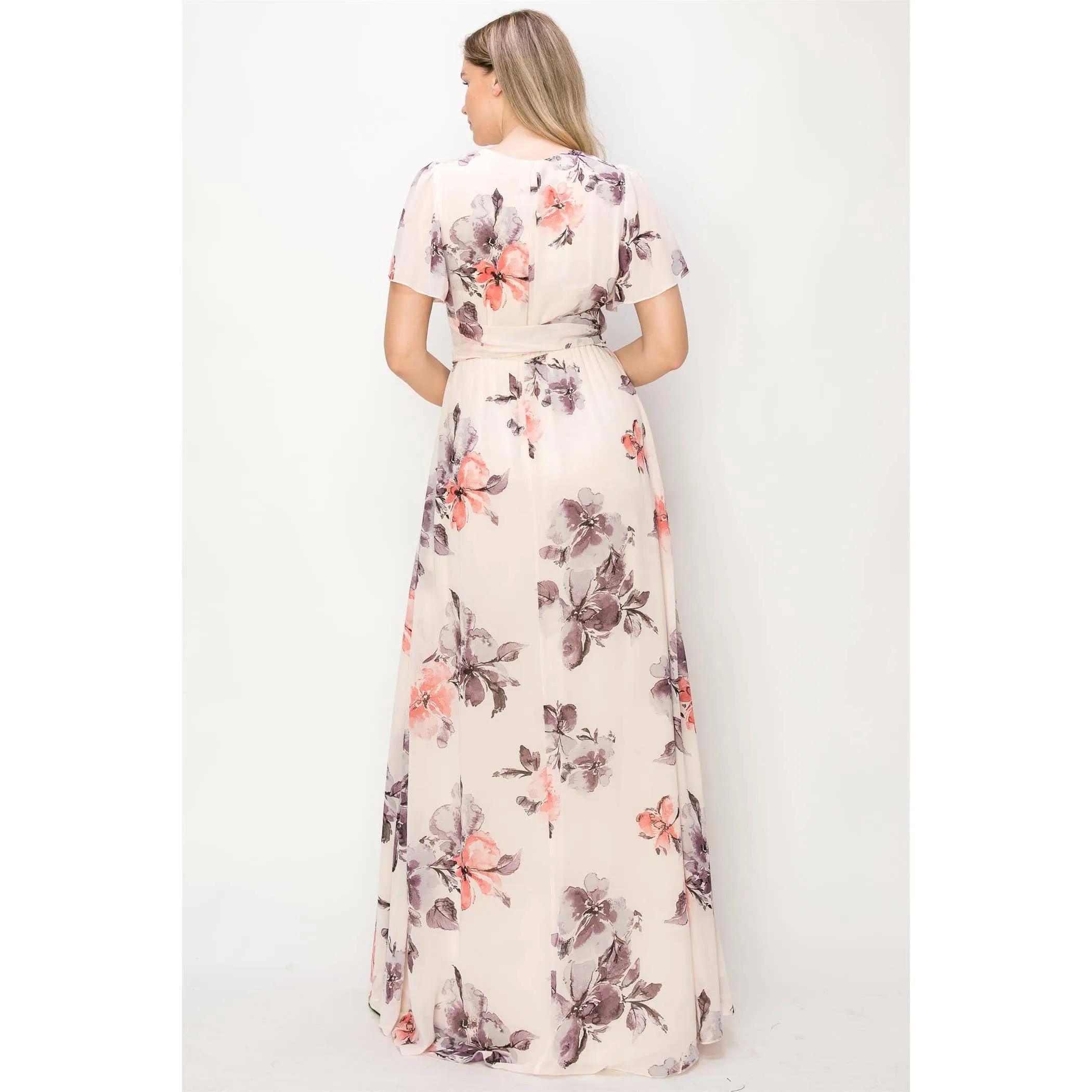 Flutter Sleeve Floral Chiffon Maxi Dress