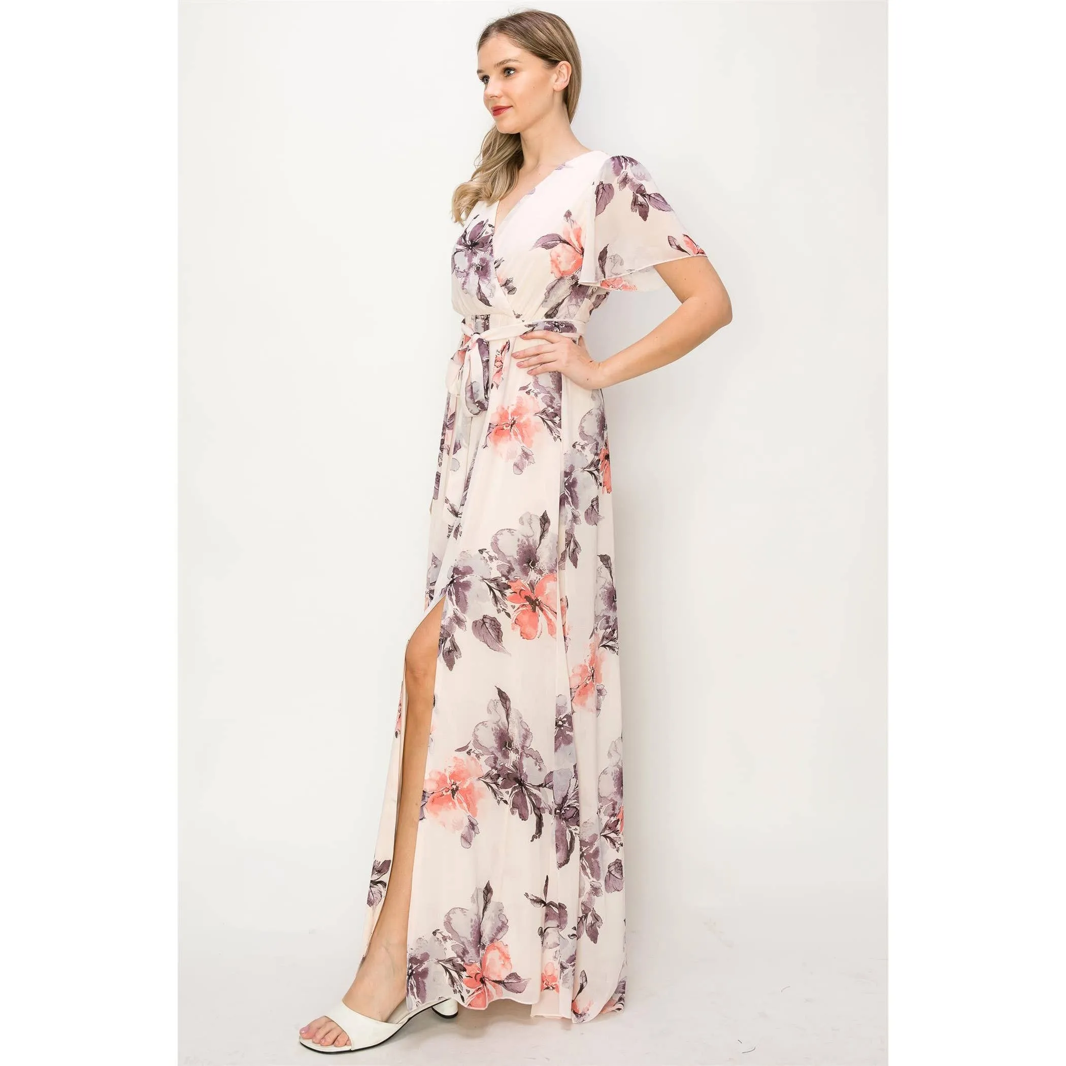 Flutter Sleeve Floral Chiffon Maxi Dress