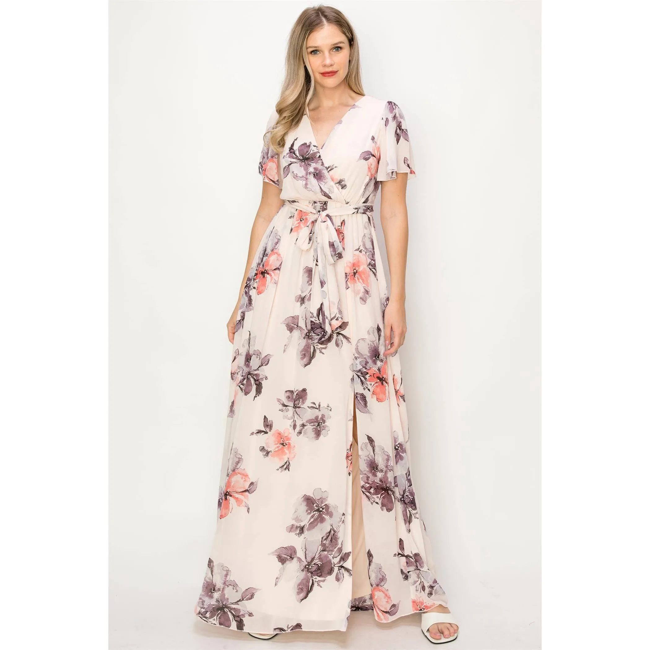 Flutter Sleeve Floral Chiffon Maxi Dress