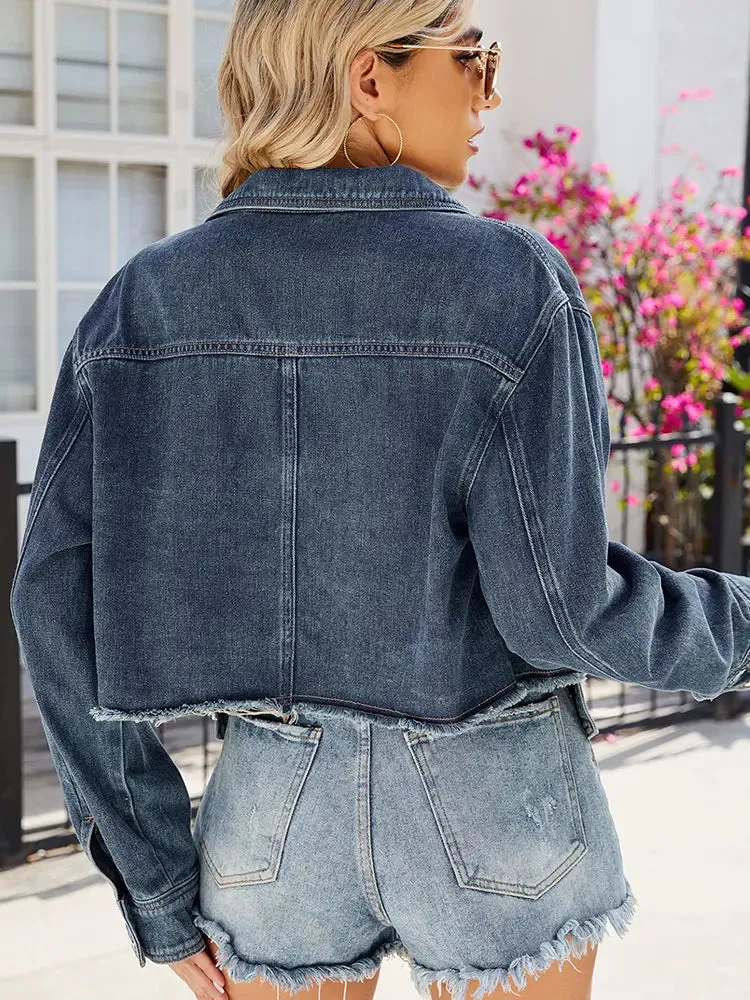 Frayed Hem Cropped Casual Denim Jacket