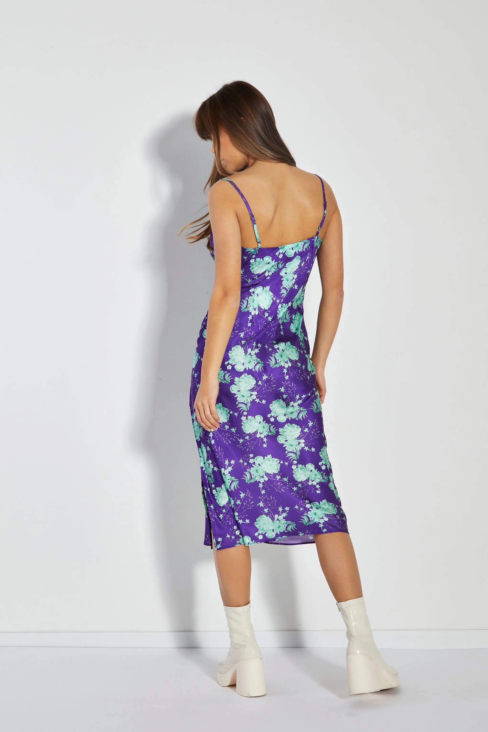 Glamorous Care Purple Green Floral Cowl Neck Midi Slip Dress