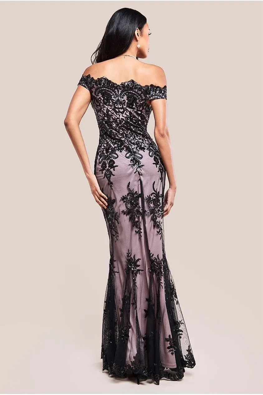 Goddiva Bardot Sequin Embroidered Maxi Dress - Black