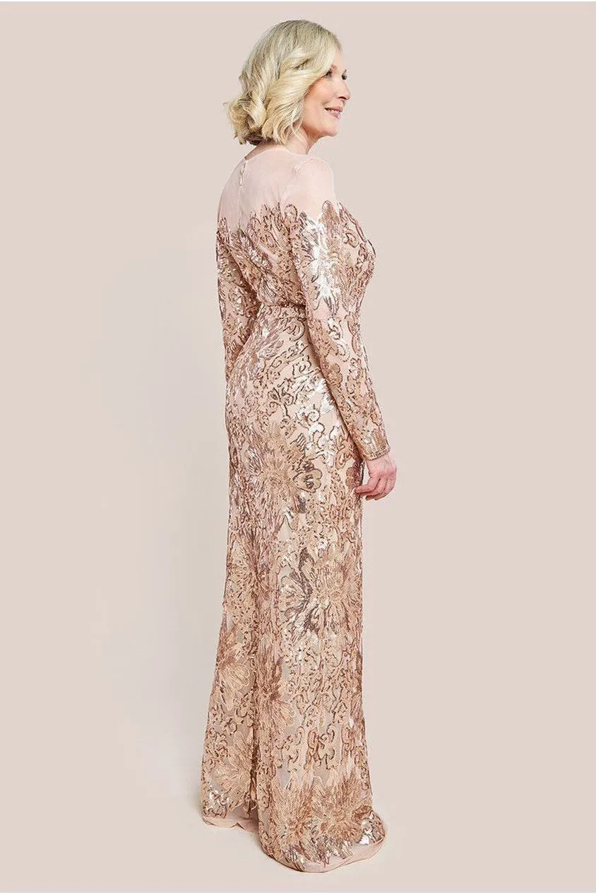 Goddiva Floral Sequin Mesh Maxi Dress - Champagne