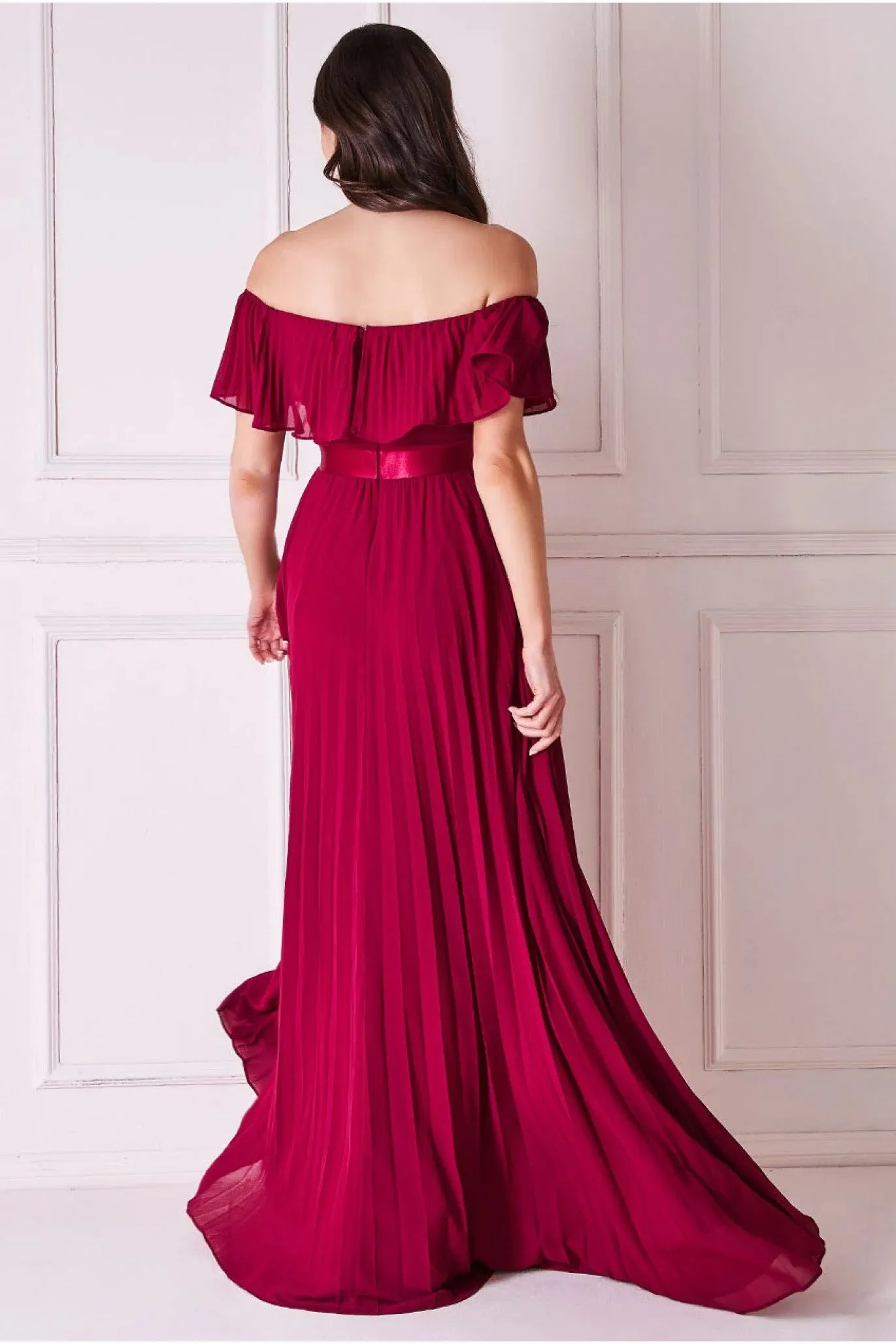 Goddiva Pleated Chiffon Off Shoulder Maxi Dress