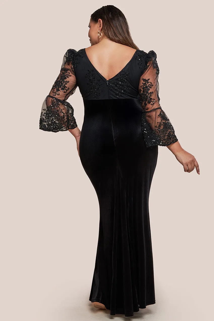 Goddiva Plus Scalloped Lace & Velvet Maxi Dress - Black