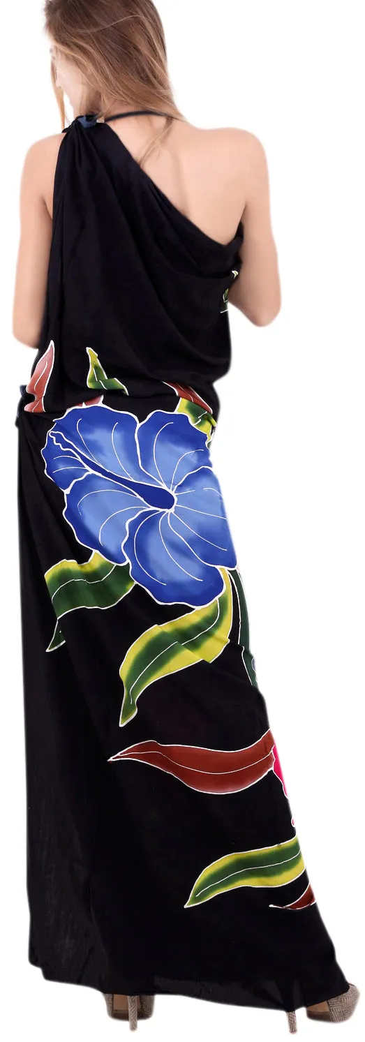 Gray Black Non-Sheer Hand Painted Flower Beach Wrap For Women