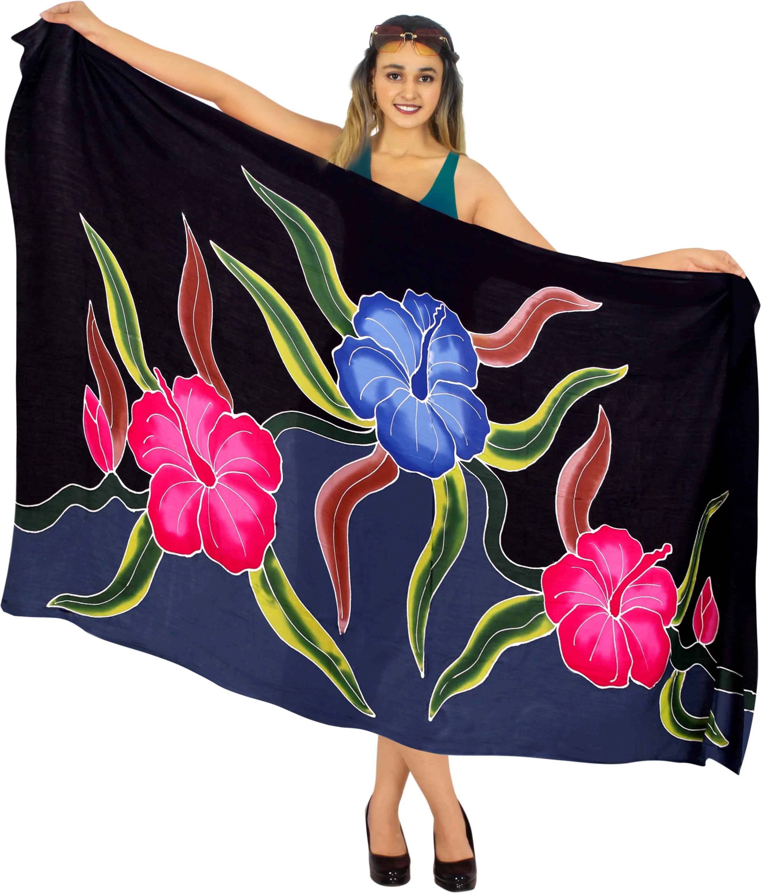 Gray Black Non-Sheer Hand Painted Flower Beach Wrap For Women