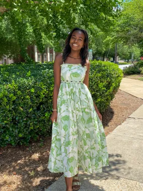 Green and White Ric Rac Maxi Dress with Adjustable Spaghetti Straps and Bow Back