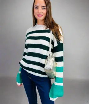 Green Contrast Stripe Knitted Jumper