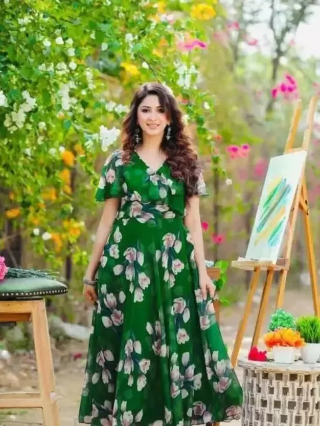 Green Georgette Fit and Flare Maxi Dress