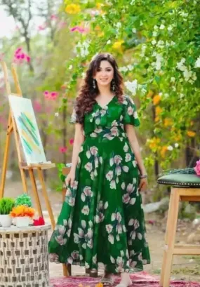 Green Georgette Fit and Flare Maxi Dress