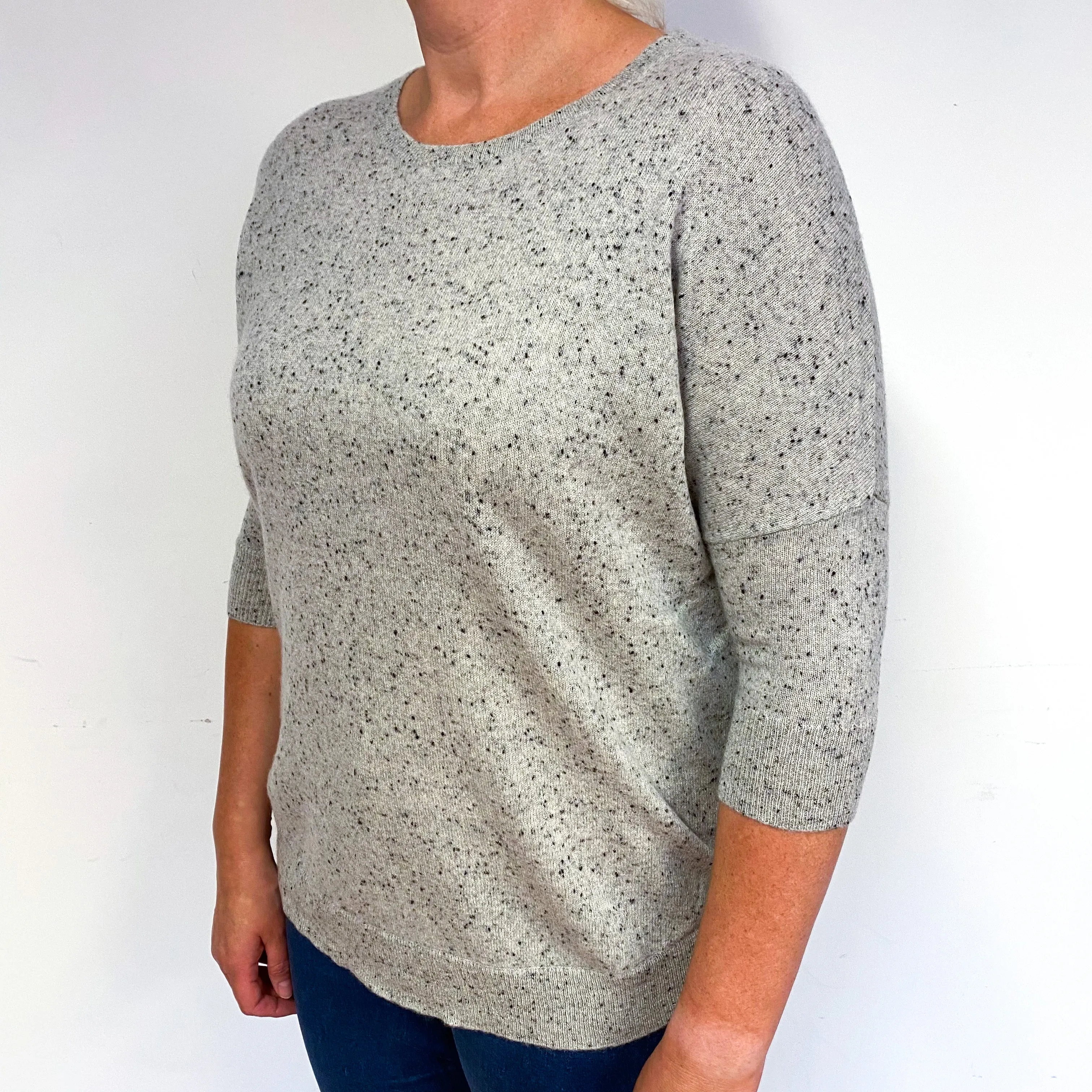 Grey Flecked Batwing Cashmere Crew Neck Jumper Large