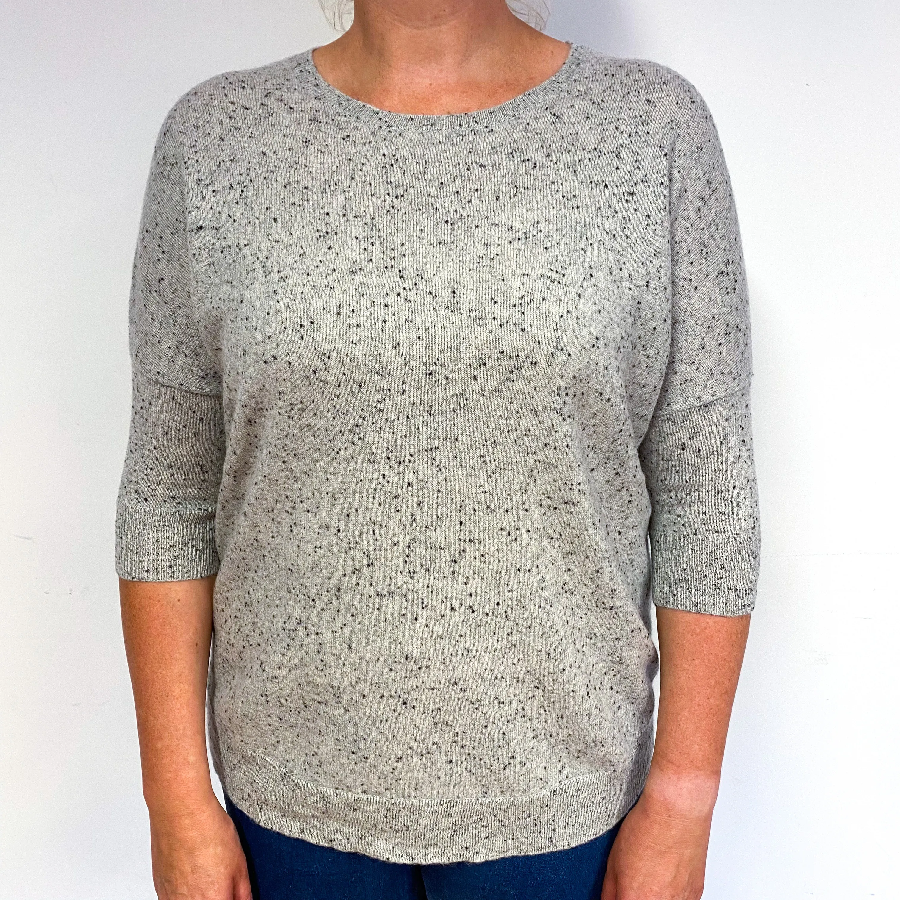 Grey Flecked Batwing Cashmere Crew Neck Jumper Large