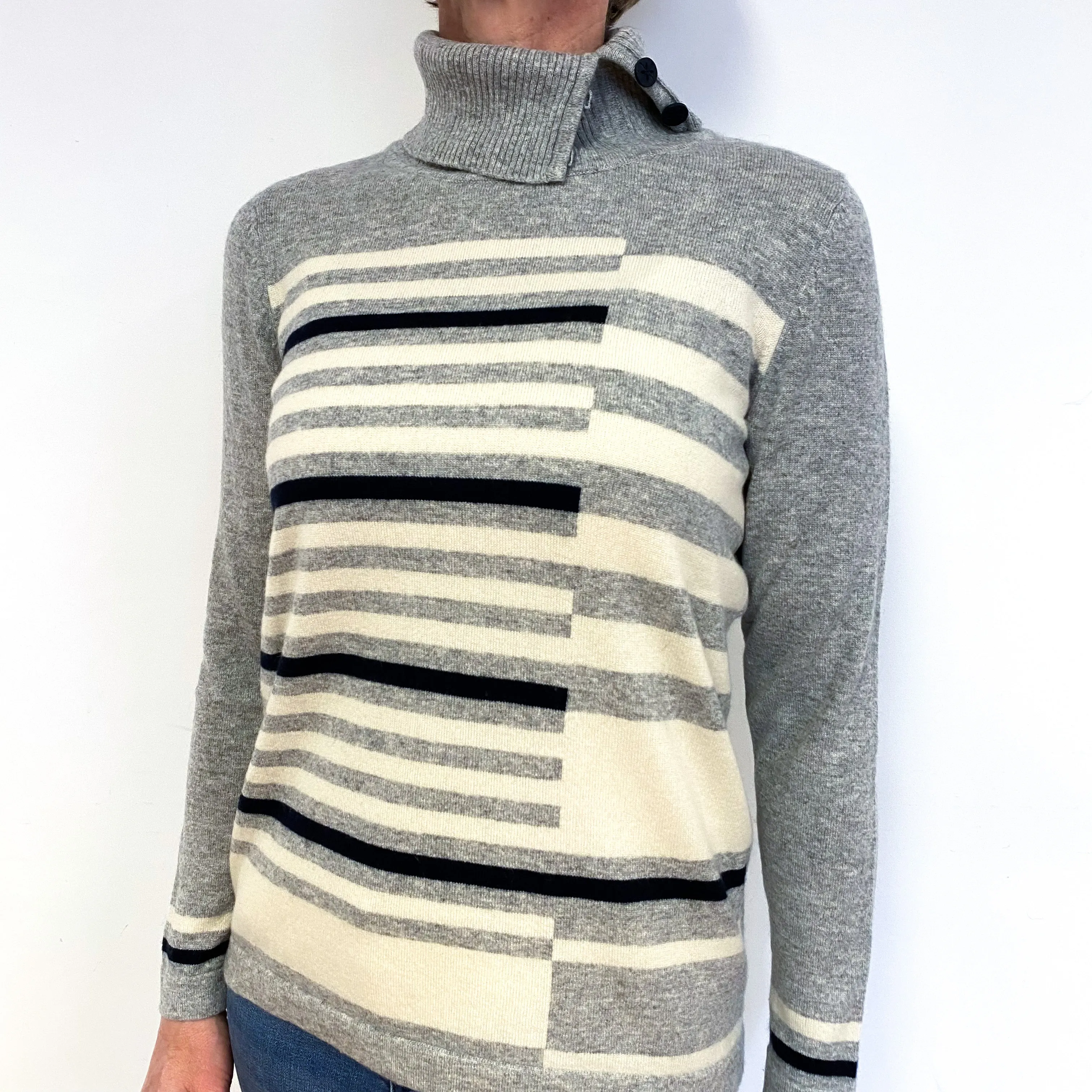 Grey Geometric Stripe Cashmere Polo Neck Jumper Medium