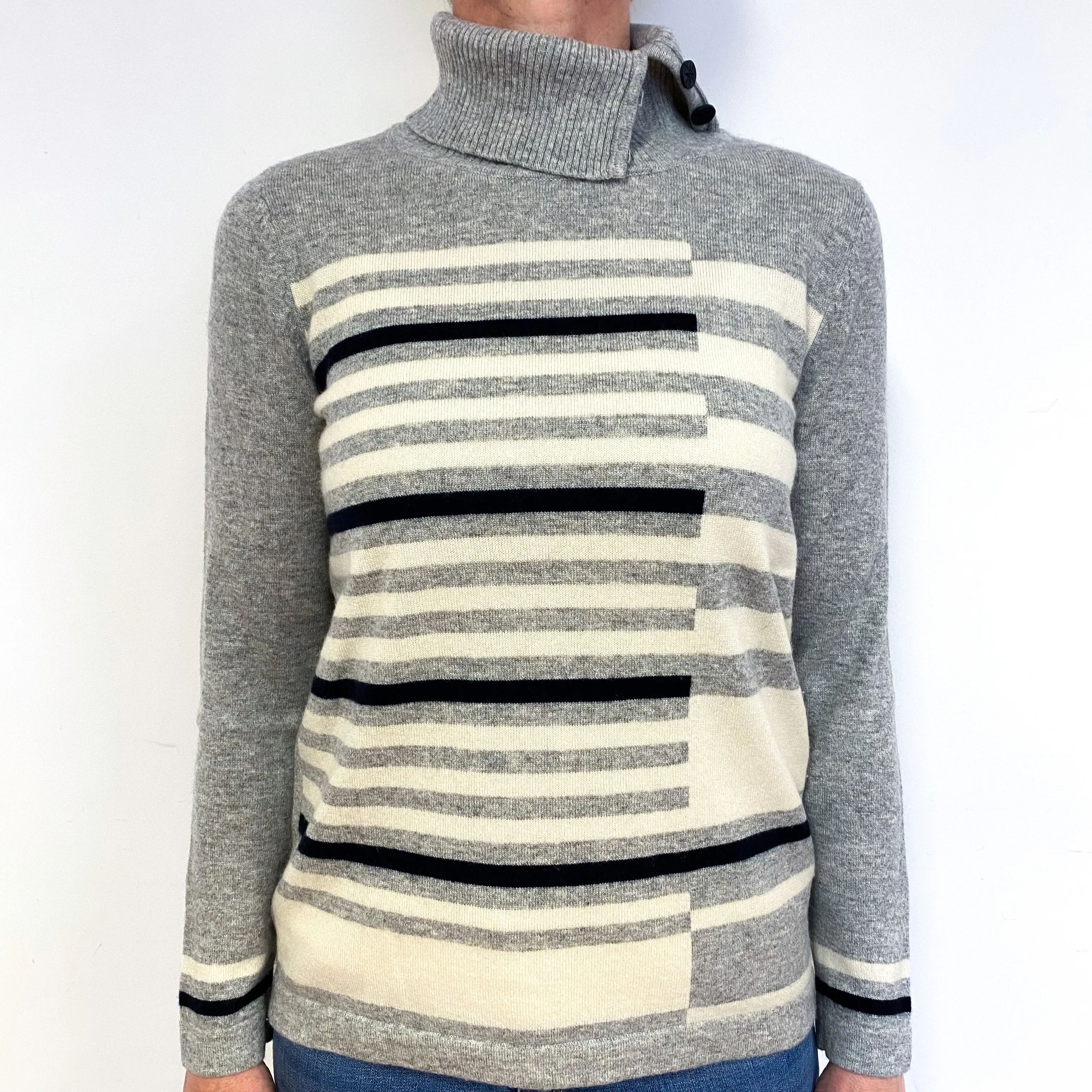 Grey Geometric Stripe Cashmere Polo Neck Jumper Medium