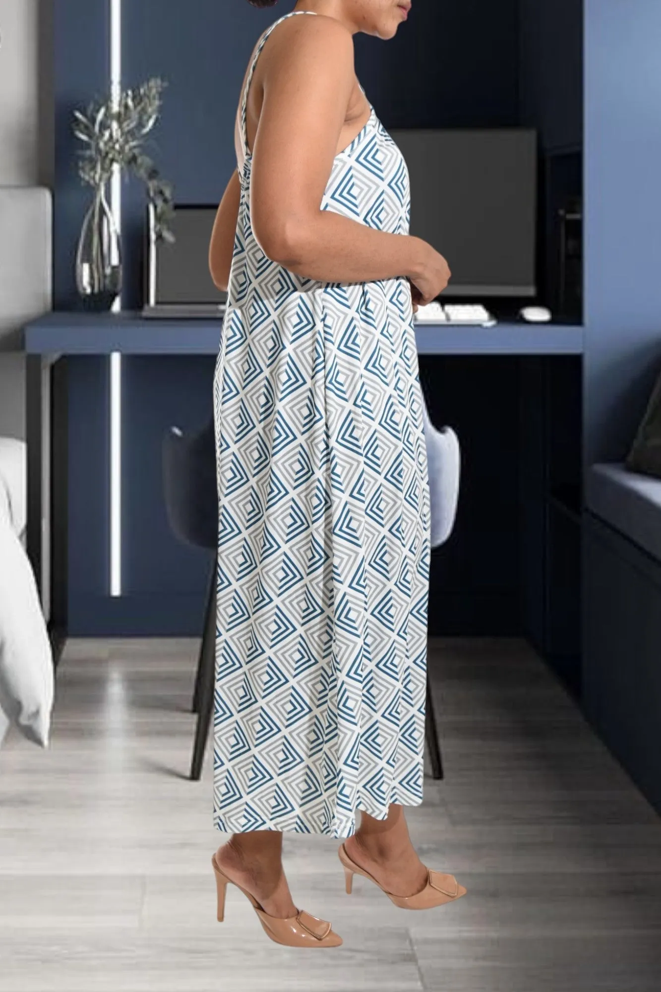 Grey Square Printed Strappy Maxi Dress