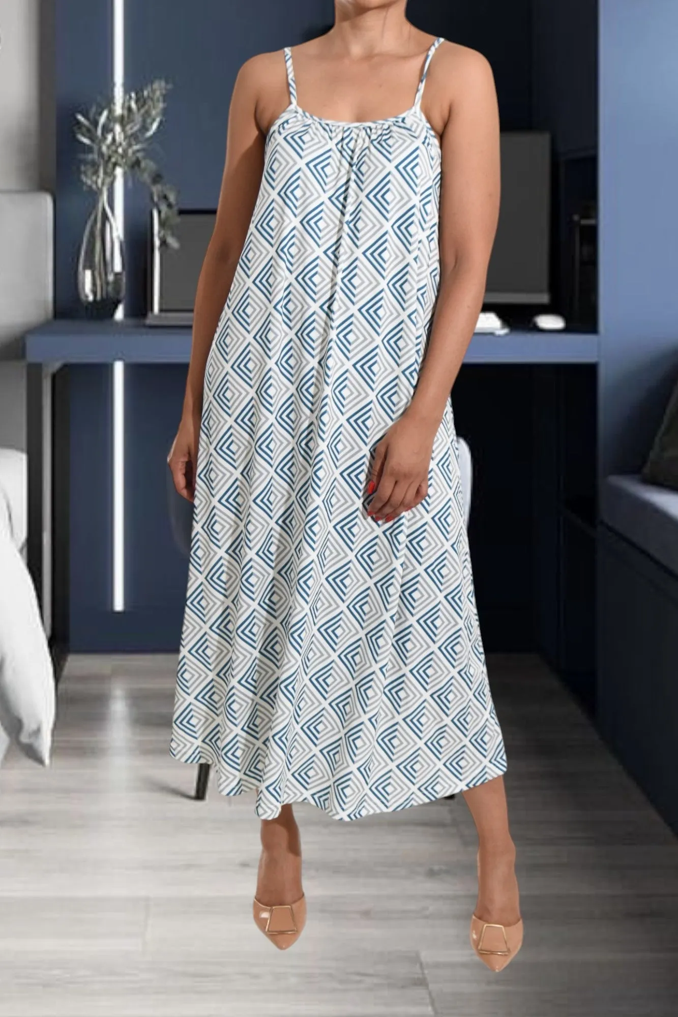 Grey Square Printed Strappy Maxi Dress