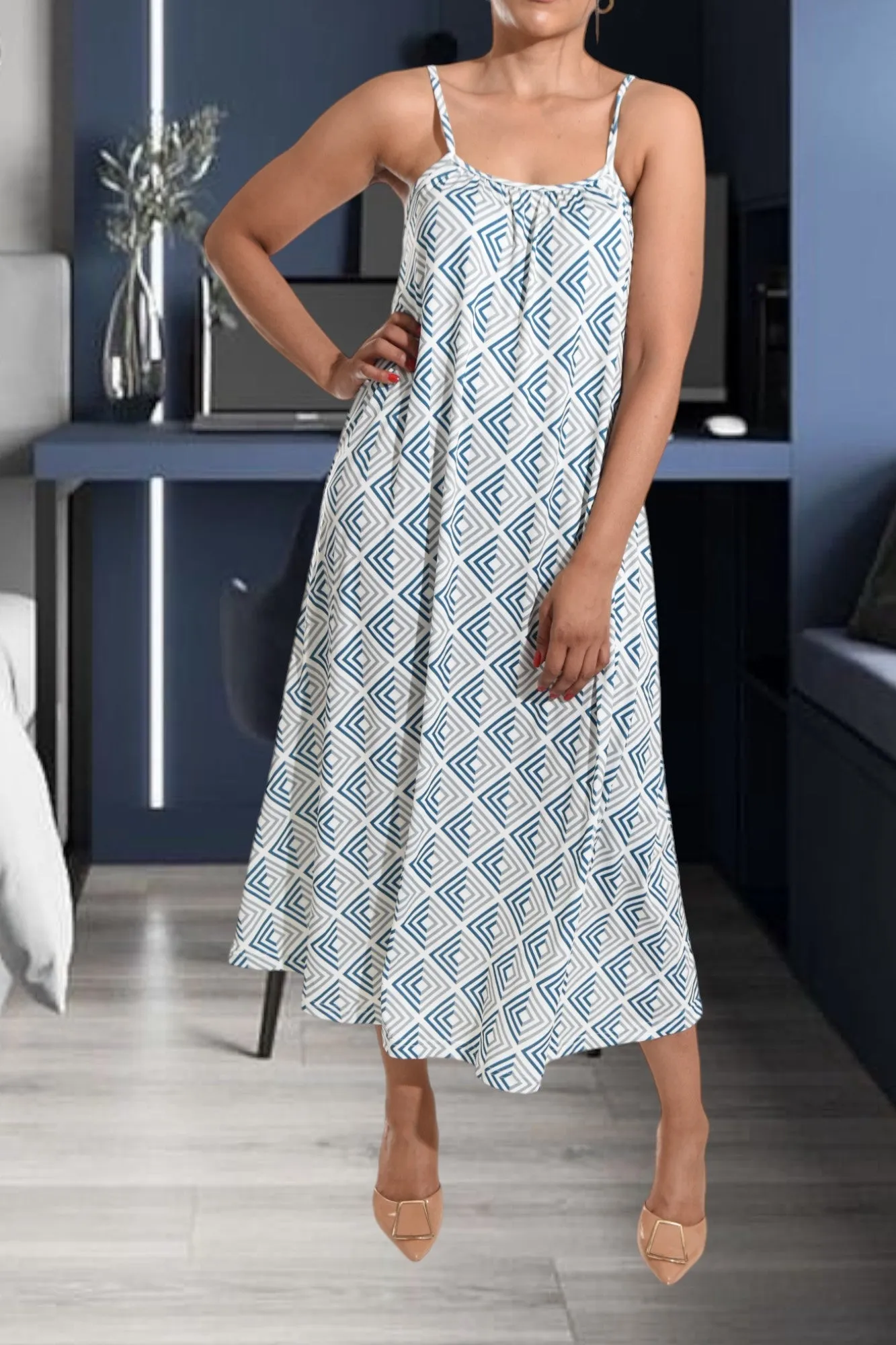 Grey Square Printed Strappy Maxi Dress