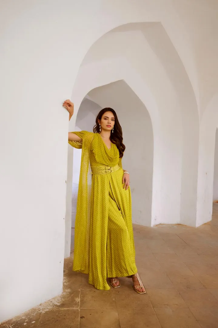 Gulbahar Lemon Green Cowl Jumpsuit with chiffon Jacket & belt set.