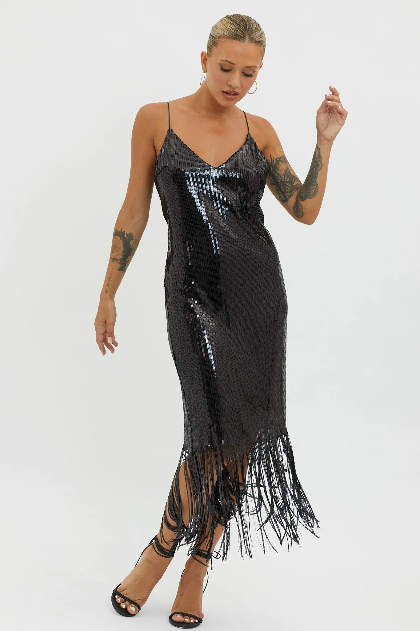 Halo Moon Sequin Fringe Midi Dress Black