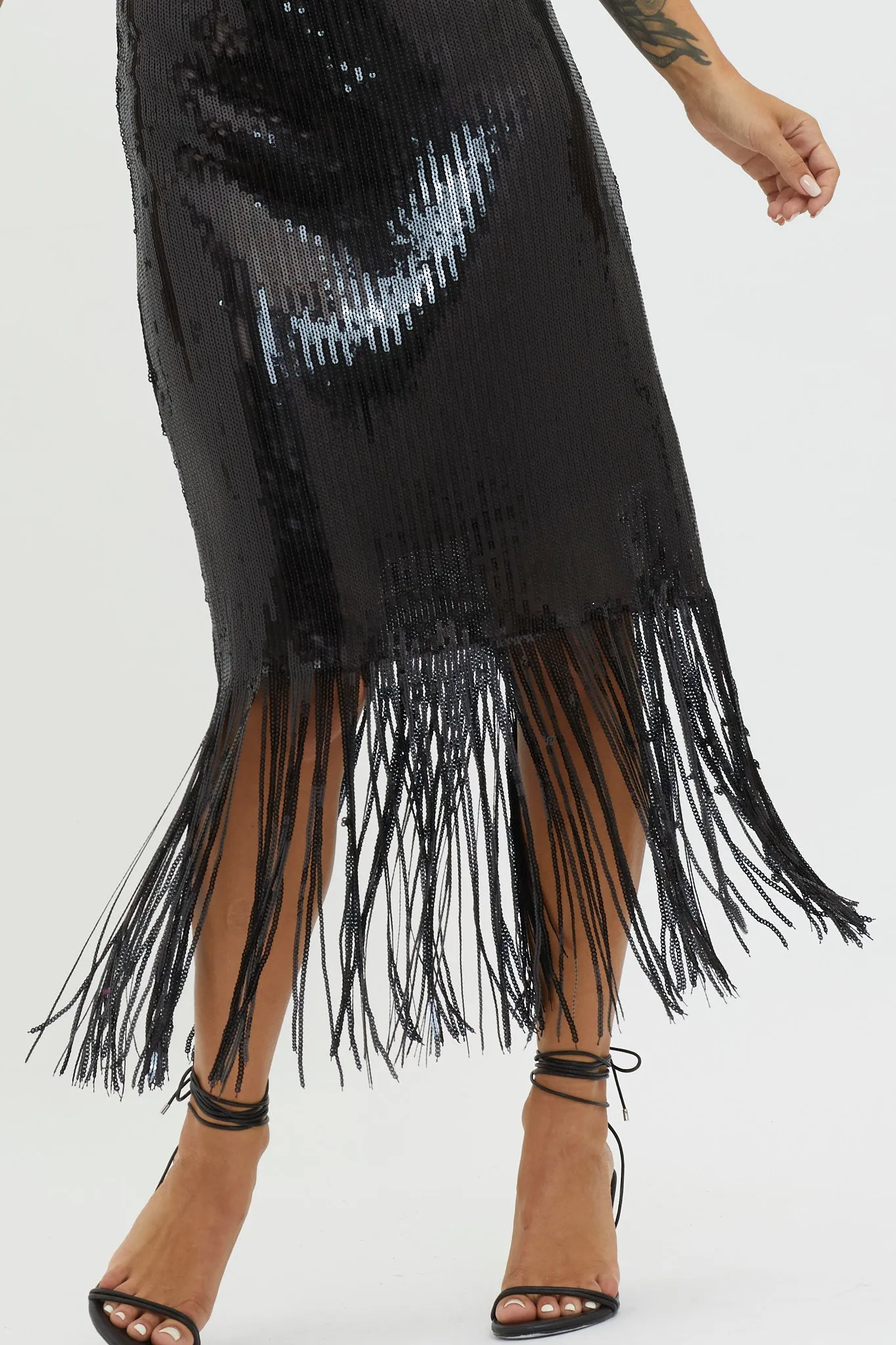 Halo Moon Sequin Fringe Midi Dress Black