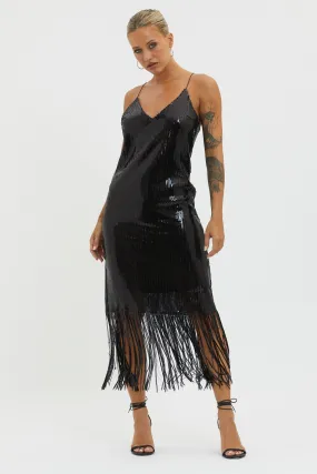 Halo Moon Sequin Fringe Midi Dress Black