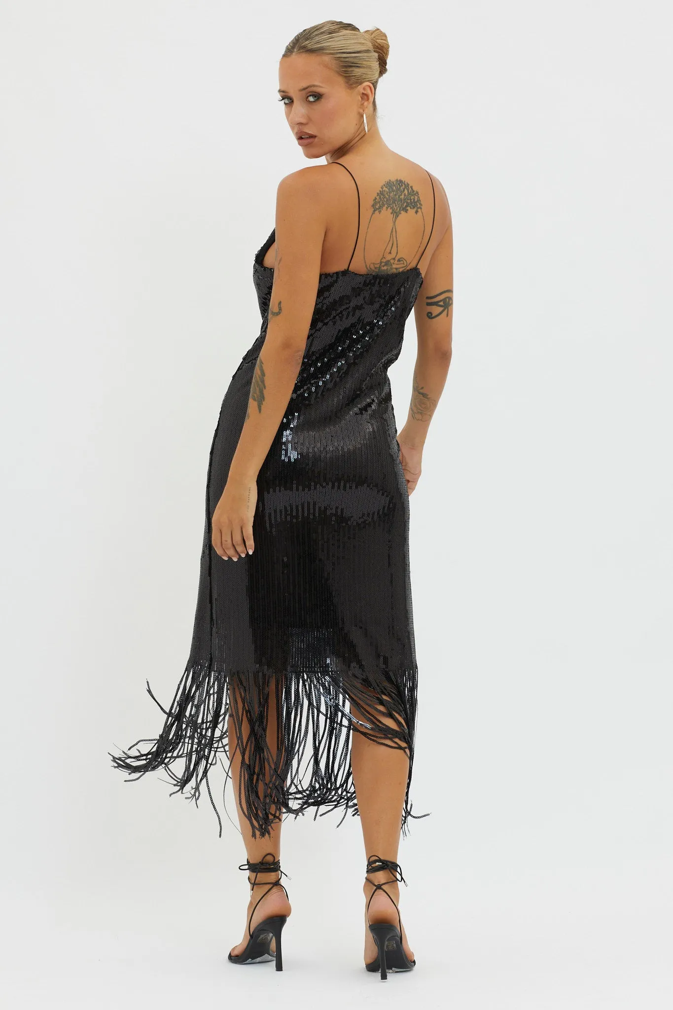 Halo Moon Sequin Fringe Midi Dress Black