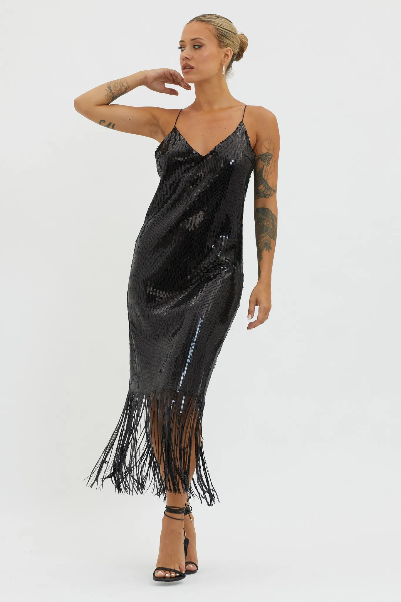 Halo Moon Sequin Fringe Midi Dress Black