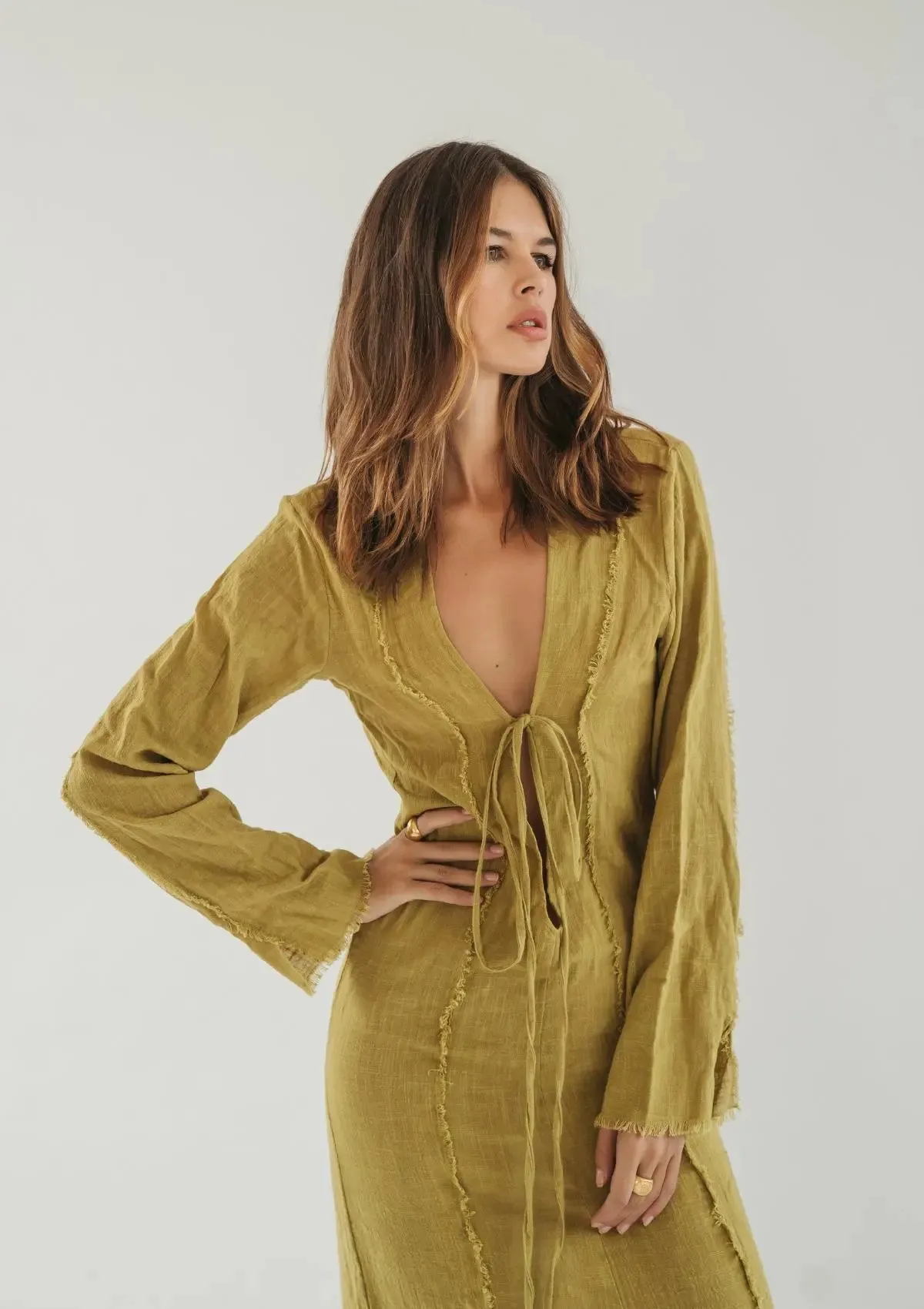 HAVEN RAW EDGE DRESS - OLIVE OIL