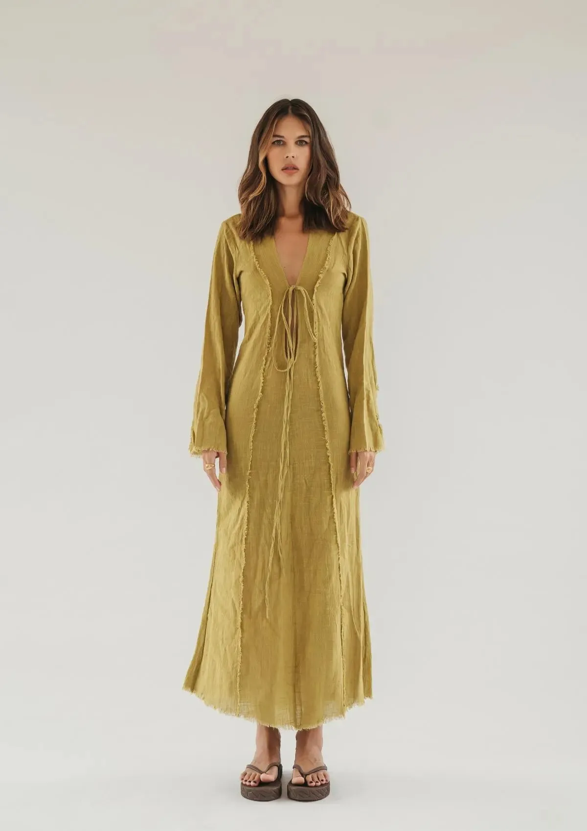 HAVEN RAW EDGE DRESS - OLIVE OIL