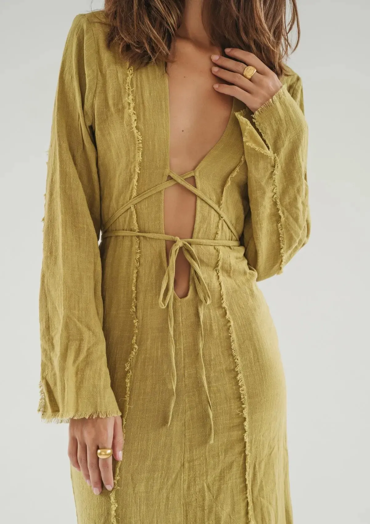 HAVEN RAW EDGE DRESS - OLIVE OIL