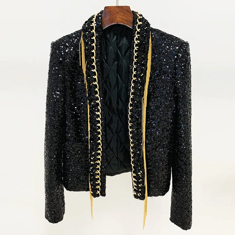 Heavy Industry Tassel Chain Sequined Cardigan Coat