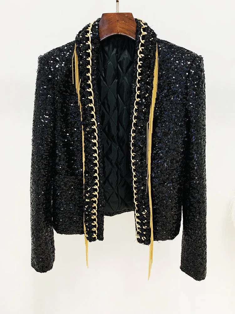 Heavy Industry Tassel Chain Sequined Cardigan Coat