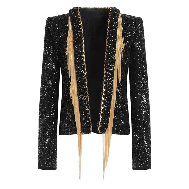 Heavy Industry Tassel Chain Sequined Cardigan Coat