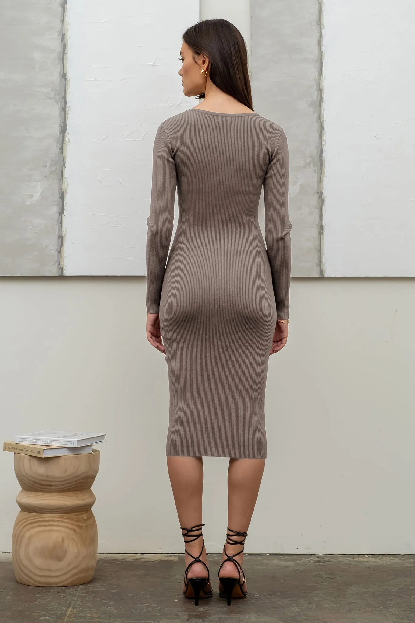 HENLEY SWEATER KNIT LONG SLEEVE MIDI DRESS