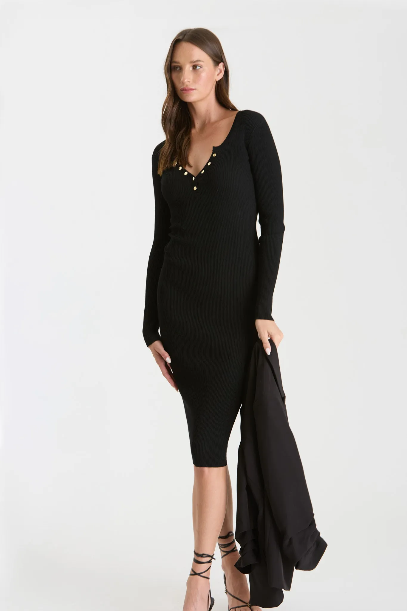 HENLEY SWEATER KNIT LONG SLEEVE MIDI DRESS