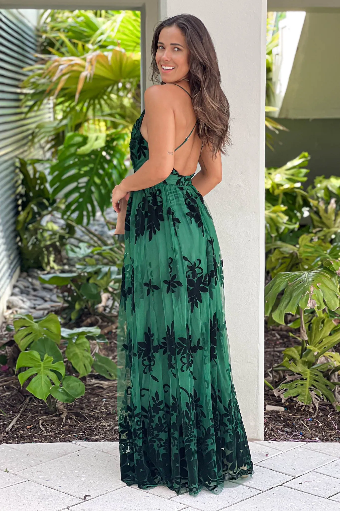 Hunter Green Floral Tulle Maxi Dress