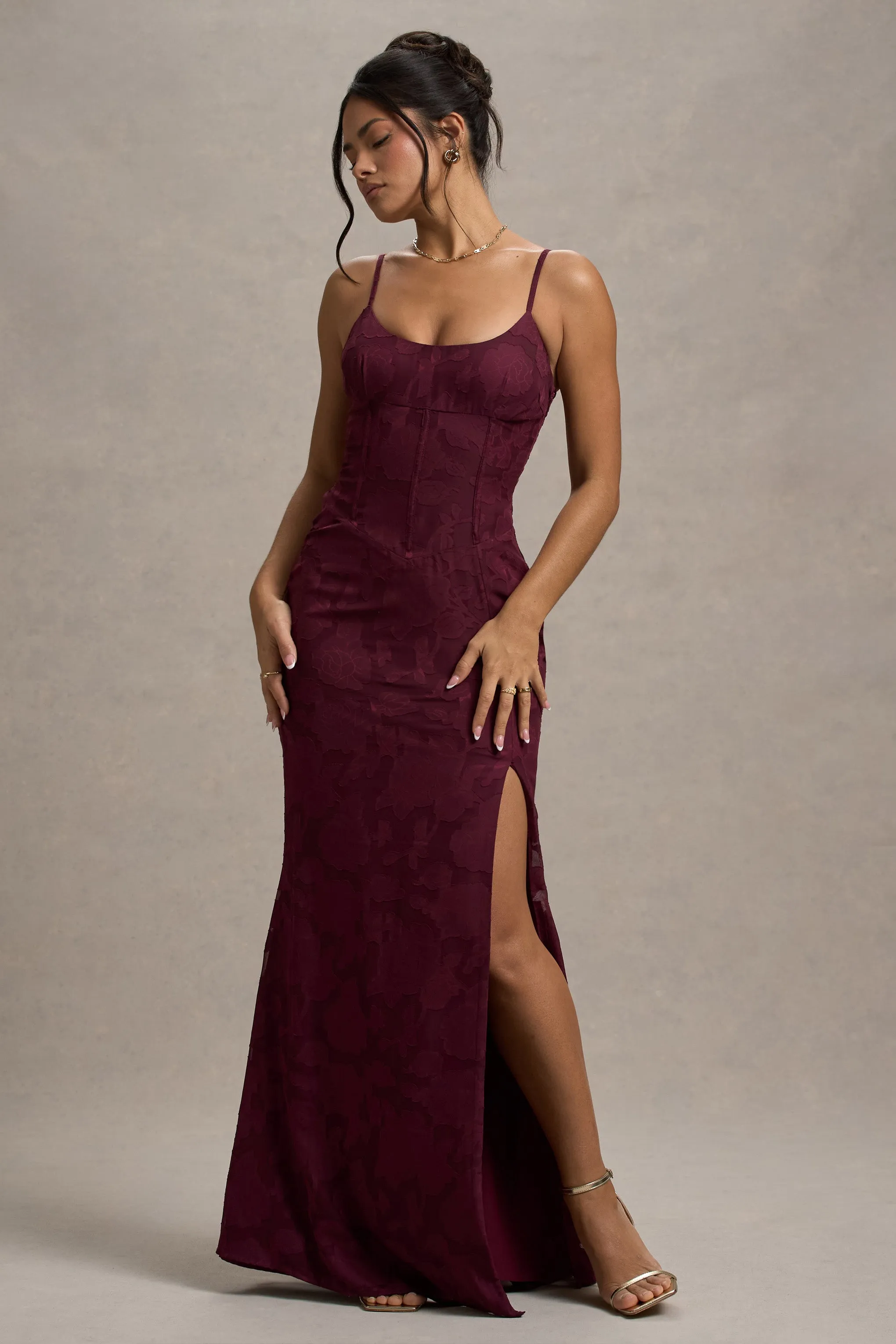 Intimacy | Plum Lace Corset Split Maxi Dress