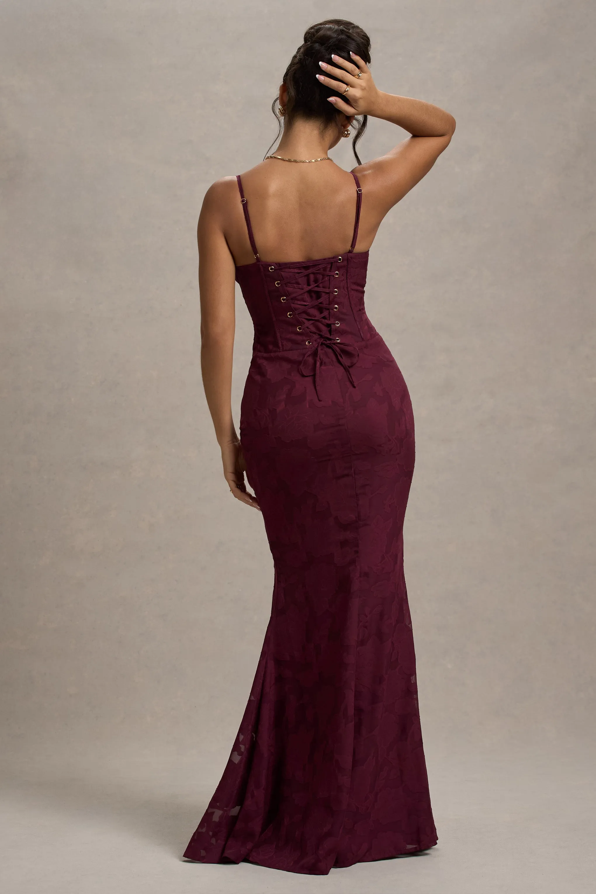 Intimacy | Plum Lace Corset Split Maxi Dress