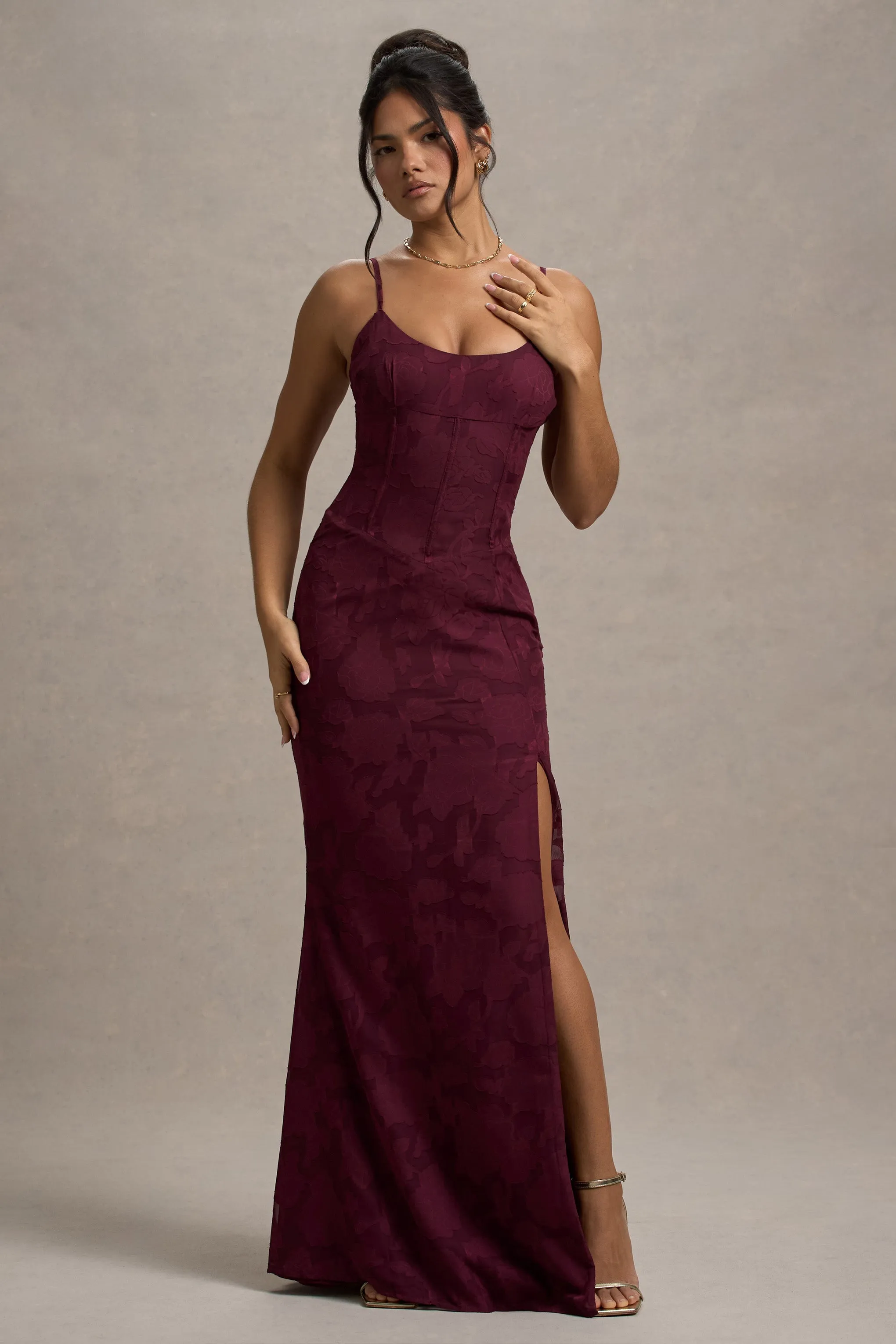 Intimacy | Plum Lace Corset Split Maxi Dress