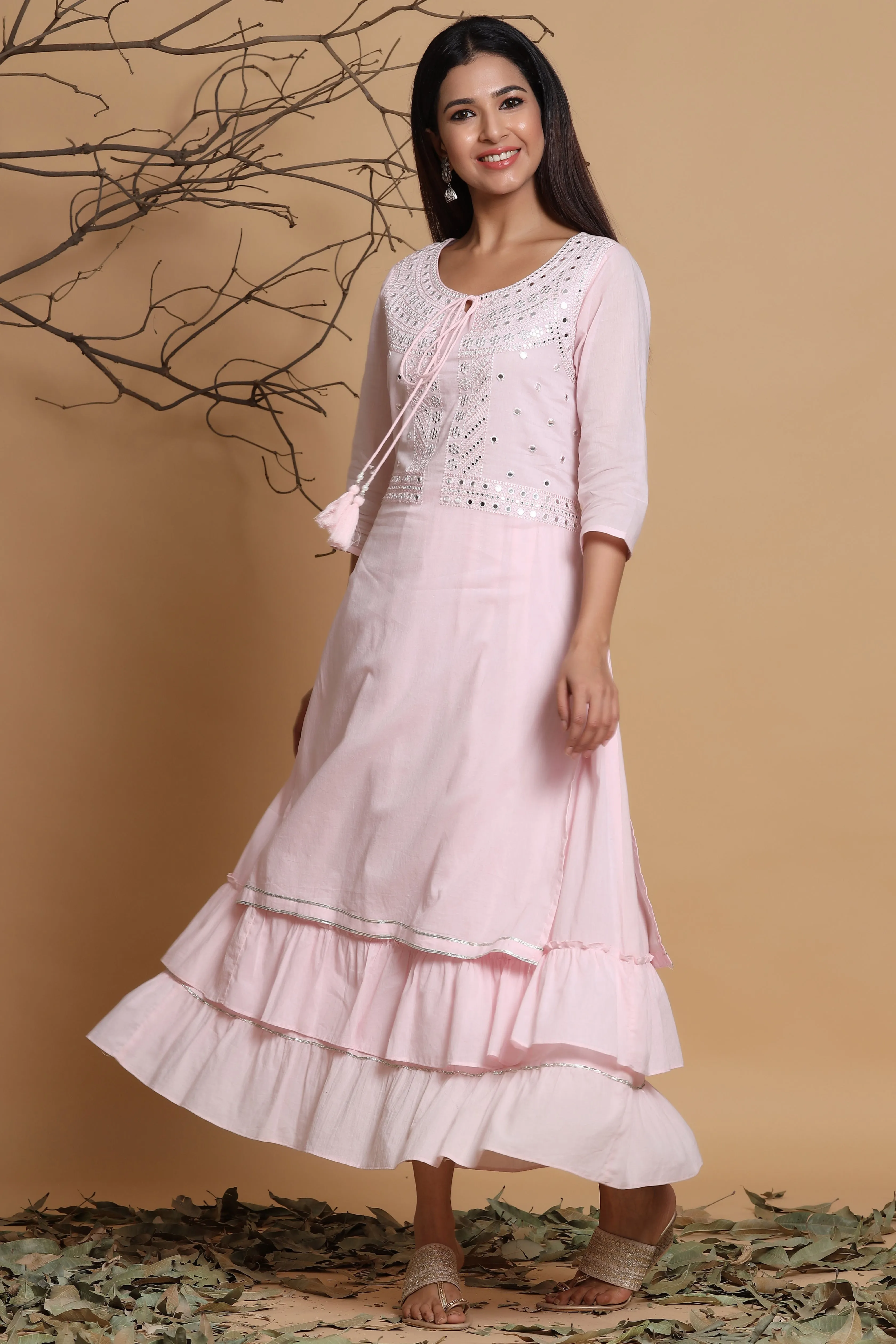 Jashvi Pink Cotton Embroidered Layered Maxi Dress With Dori Tassels