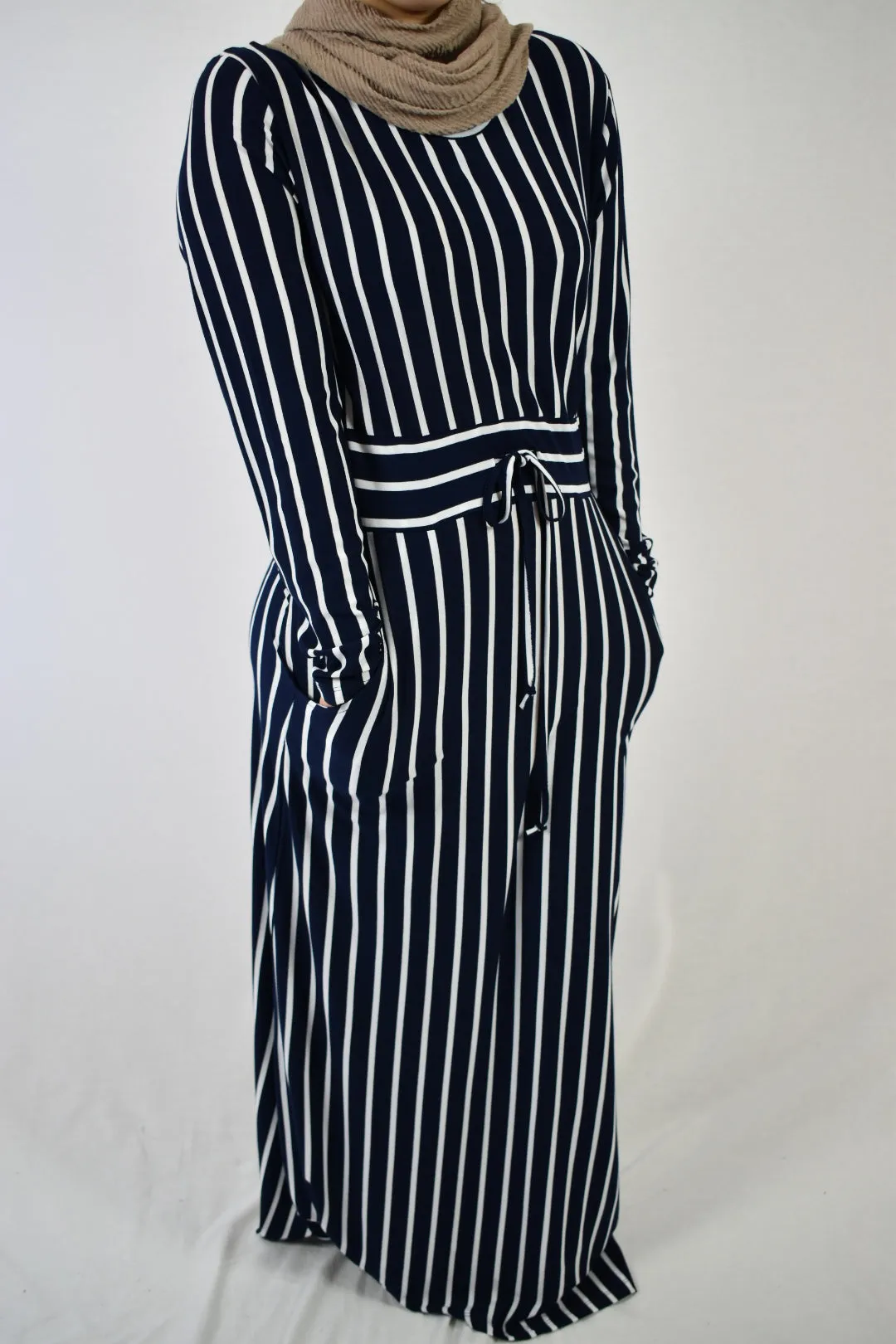 Jersey Striped Maxi Dress-Navy