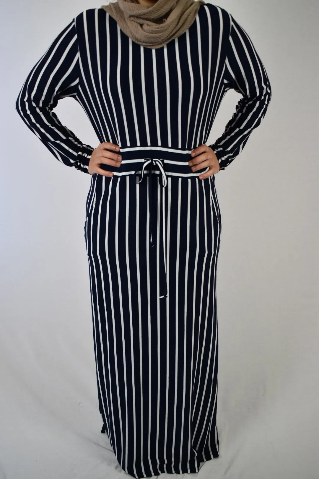 Jersey Striped Maxi Dress-Navy