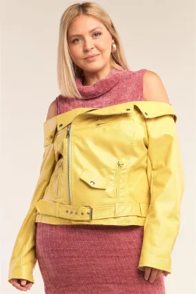 Junior Plus Size Banana Yellow Vegan Leather Off-The-Shoulder Oblique Zipper Belted Cropped Jacket /2-2-2