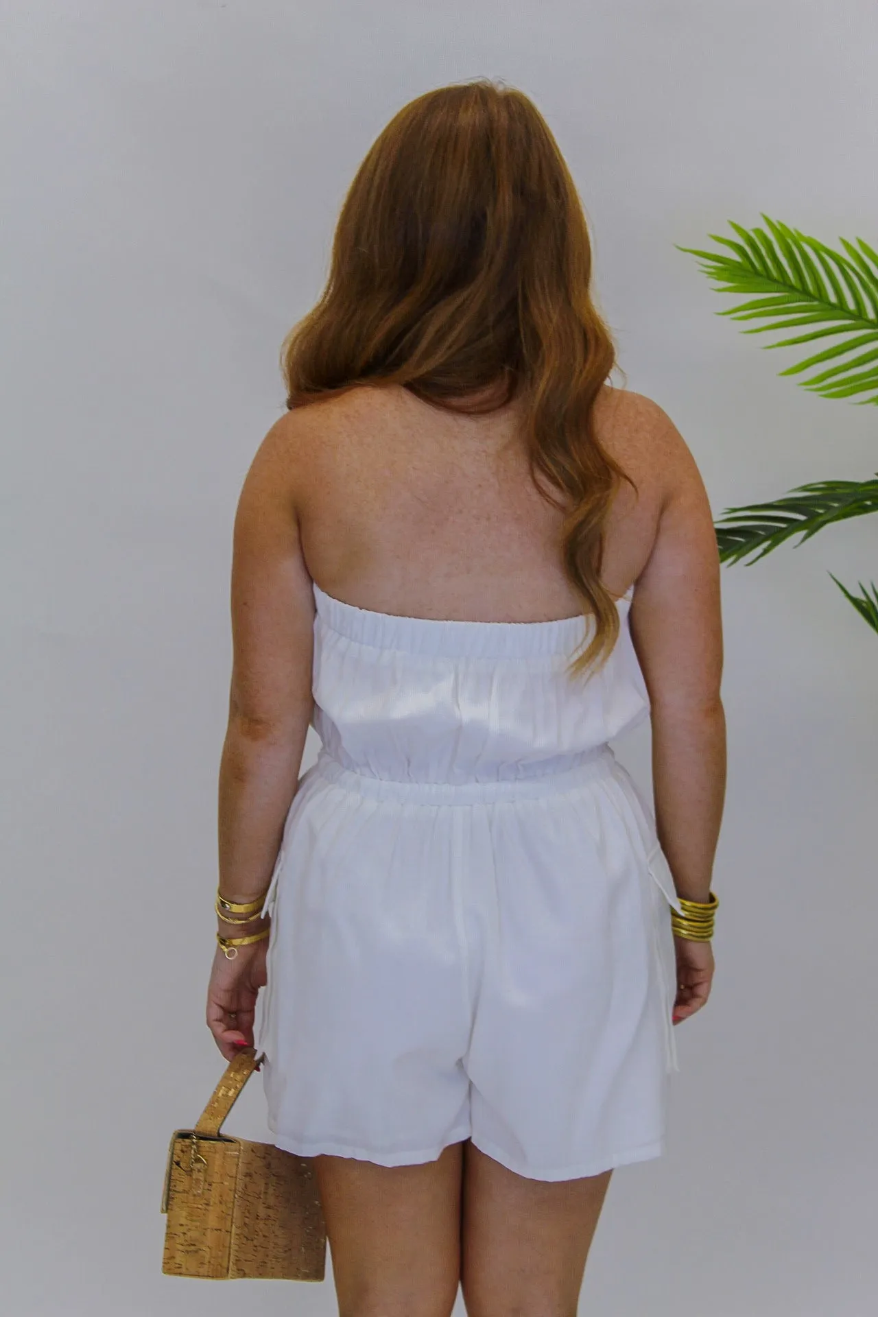 Karrie Strapless Cargo Romper- White