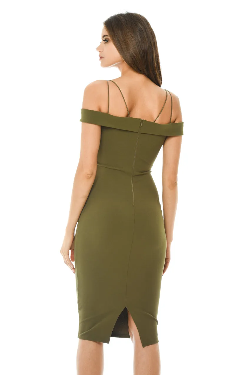 Khaki Bodycon Midi with Off Shoulder Strappy Detail