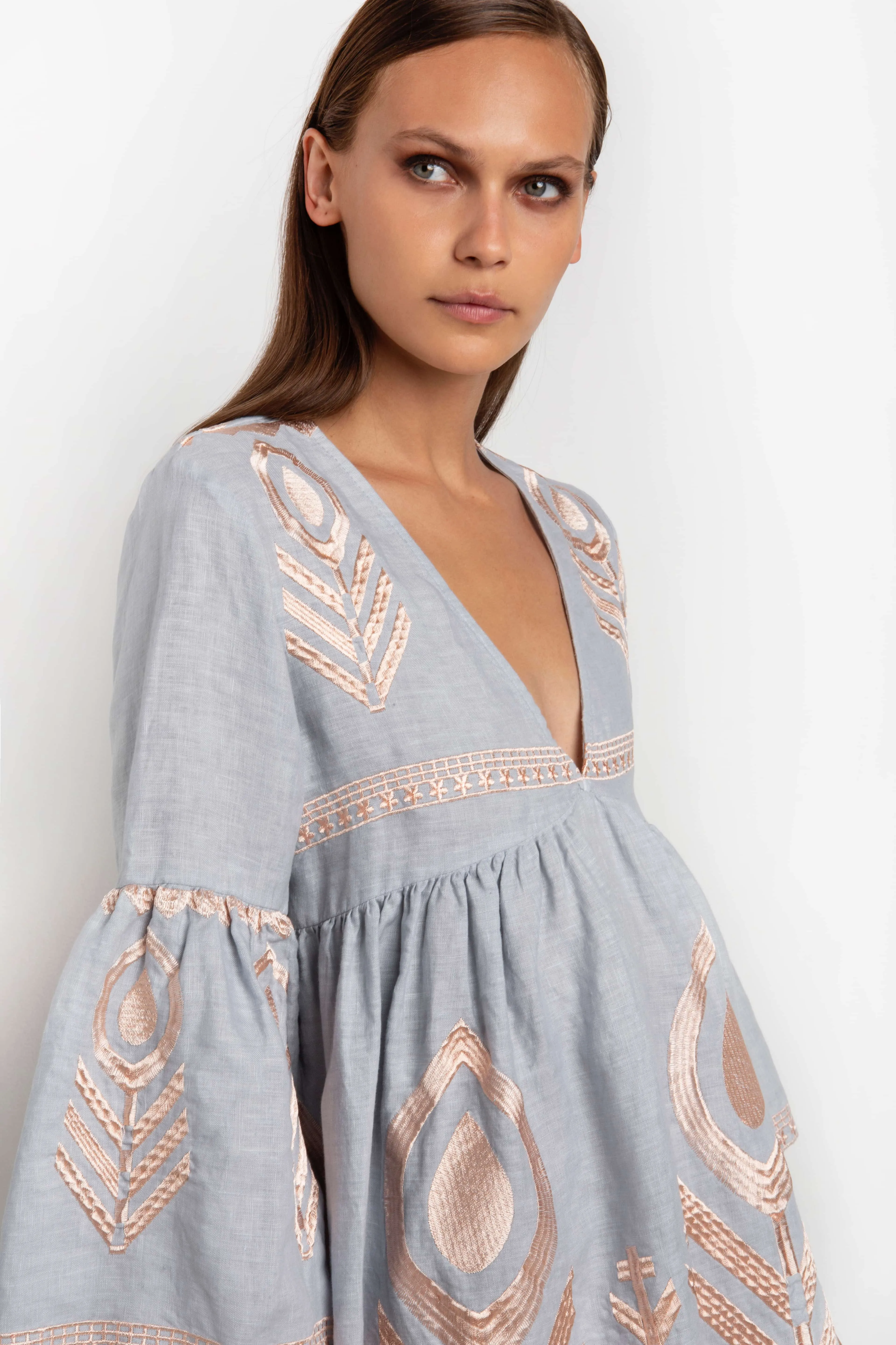 Kori Grey & Rose Gold Feather Embroidered Dress